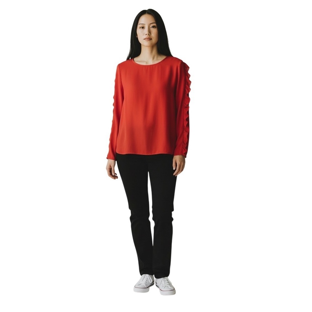 Ava Coral Ruffle Sleeve Round Neck Chiffon Blouse Top‎ L Feminine Bold